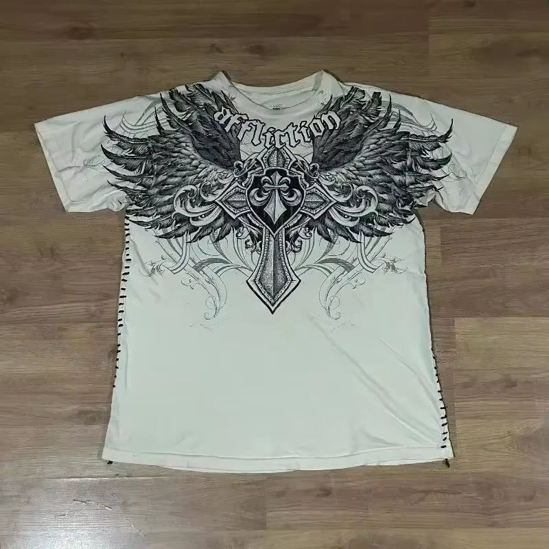 2000S American Skull Wings Double Sided Pattern 3D Printed Polyester Fiber Street Style Top T-Shirt Painful Fashion