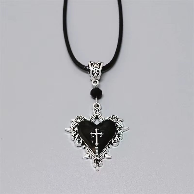 Goth Jewelry Thorn Cross Heart Pendant Red Drip Oil Rose Flower Necklace for Women Punk Charms Accessories Grunge Necklace Y2K