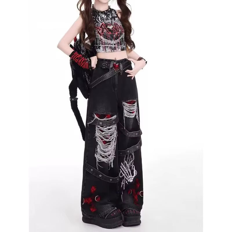American Style Spicy Girl Loose Lazy and Relaxed Denim Pants Female Punk Retro Washed Fashionable Versatile Casual Pants