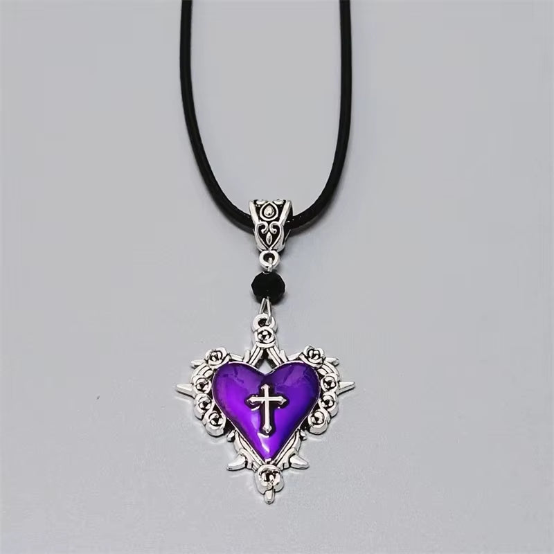Goth Jewelry Thorn Cross Heart Pendant Red Drip Oil Rose Flower Necklace for Women Punk Charms Accessories Grunge Necklace Y2K