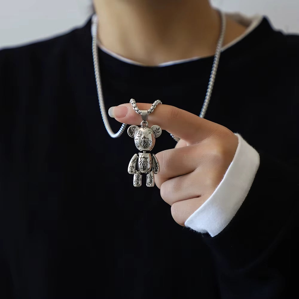 Fashion Hip Hop Bear Pendant Titanium Steel Necklace Punk Men and Women Ins Y2K Couple Sweater Chain Female Jewelry Gift