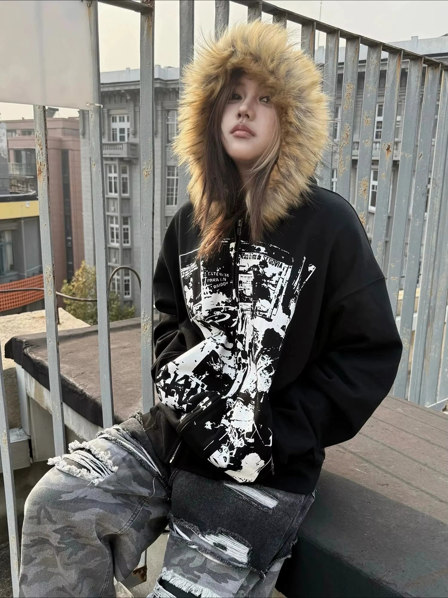 Subculture Gothic Women Coats with Hoodies Vintage Korean Harajuku Black Jackets Faux Fur Coat Female Loose Casual Sweatshirt