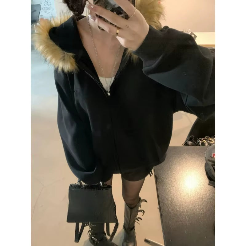 Subculture Gothic Women Coats with Hoodies Vintage Korean Harajuku Black Jackets Faux Fur Coat Female Loose Casual Sweatshirt