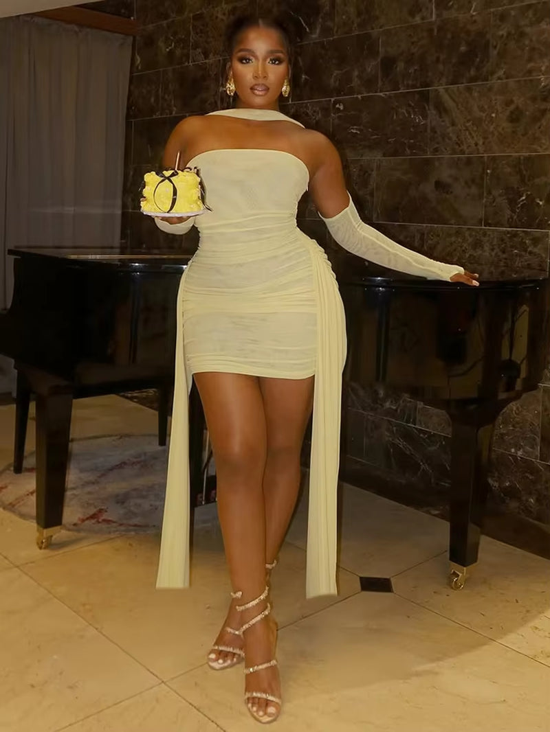 Summer Vacation Sexy See through Dress+Shawl Women Ruched Side Ribbon Coquette Skinny Midnight Clubwear Party Bodycon