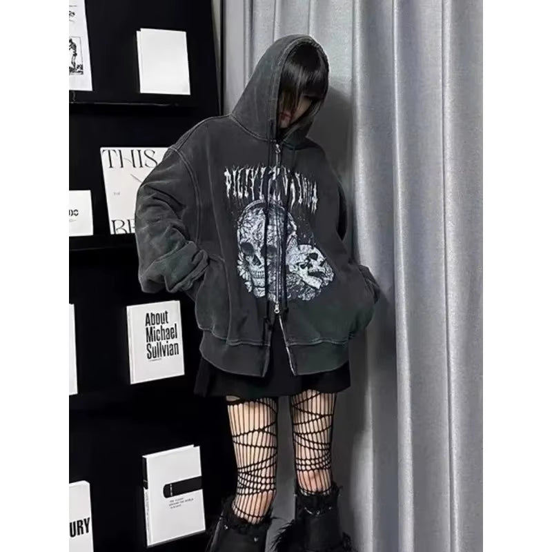 Subculture Gothic Women Coats with Hoodies Vintage Korean Harajuku Black Jackets Faux Fur Coat Female Loose Casual Sweatshirt