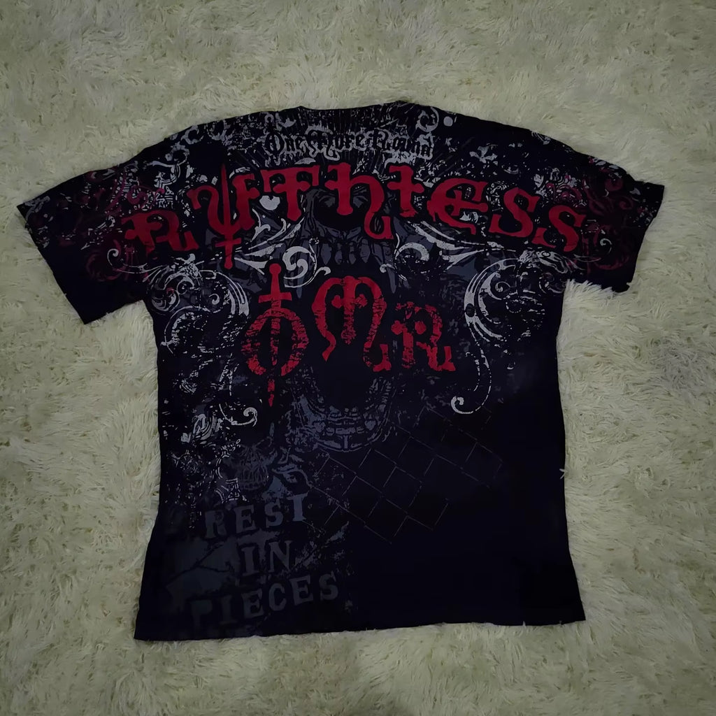 2000S American Skull Wings Double Sided Pattern 3D Printed Polyester Fiber Street Style Top T-Shirt Painful Fashion