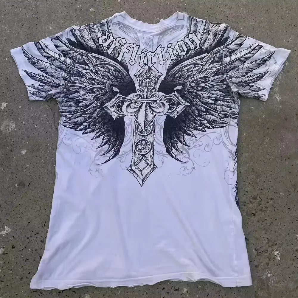 2000S American Skull Wings Double Sided Pattern 3D Printed Polyester Fiber Street Style Top T-Shirt Painful Fashion