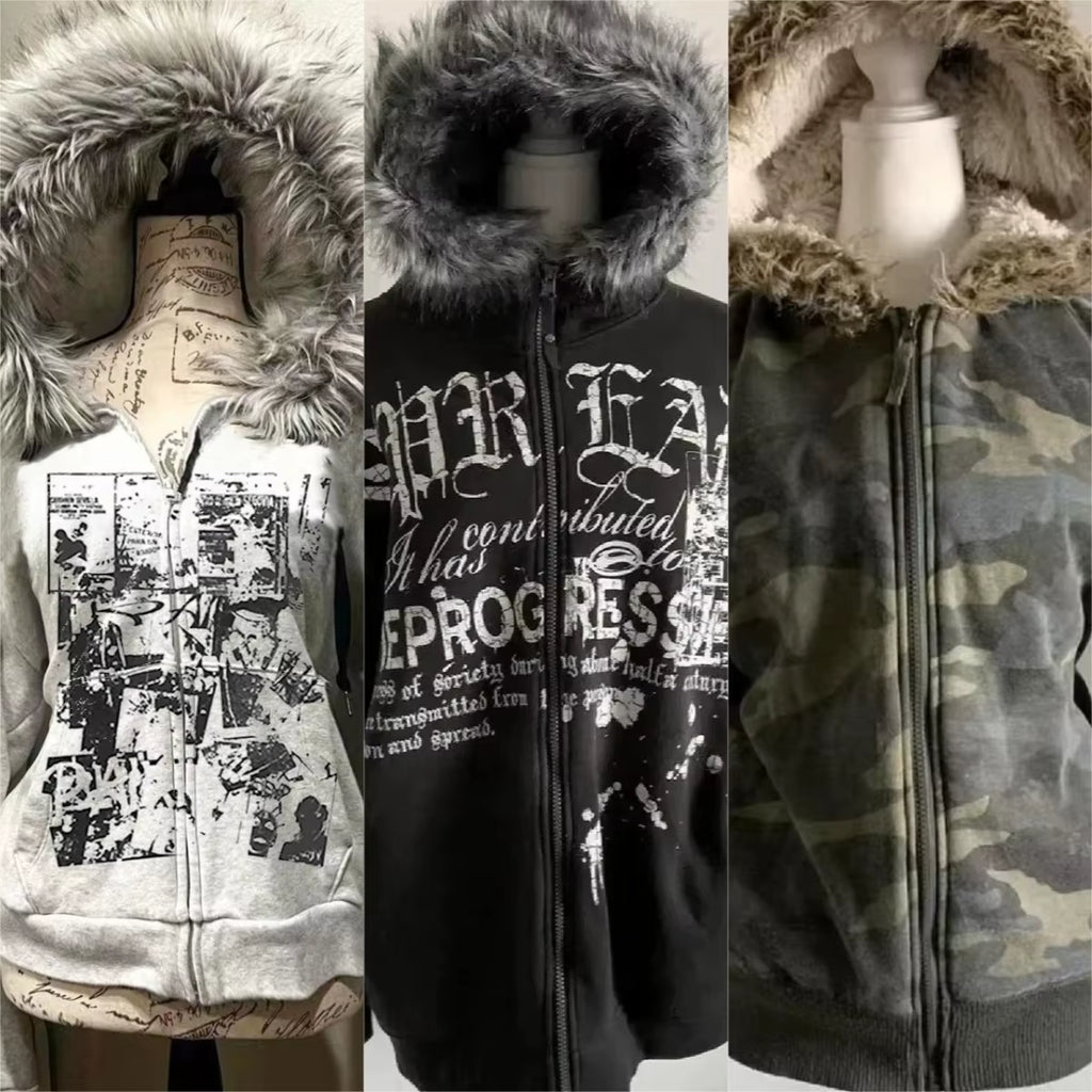 Subculture Gothic Women Coats with Hoodies Vintage Korean Harajuku Black Jackets Faux Fur Coat Female Loose Casual Sweatshirt