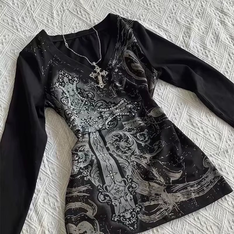 Women'S Hip Hop 90S Vintage Punk T-Shirt Autumn Streetwear Sexy Short Sleeve Gothic Slim Crop Top Hotgirl Casual Femme Tee Y2K