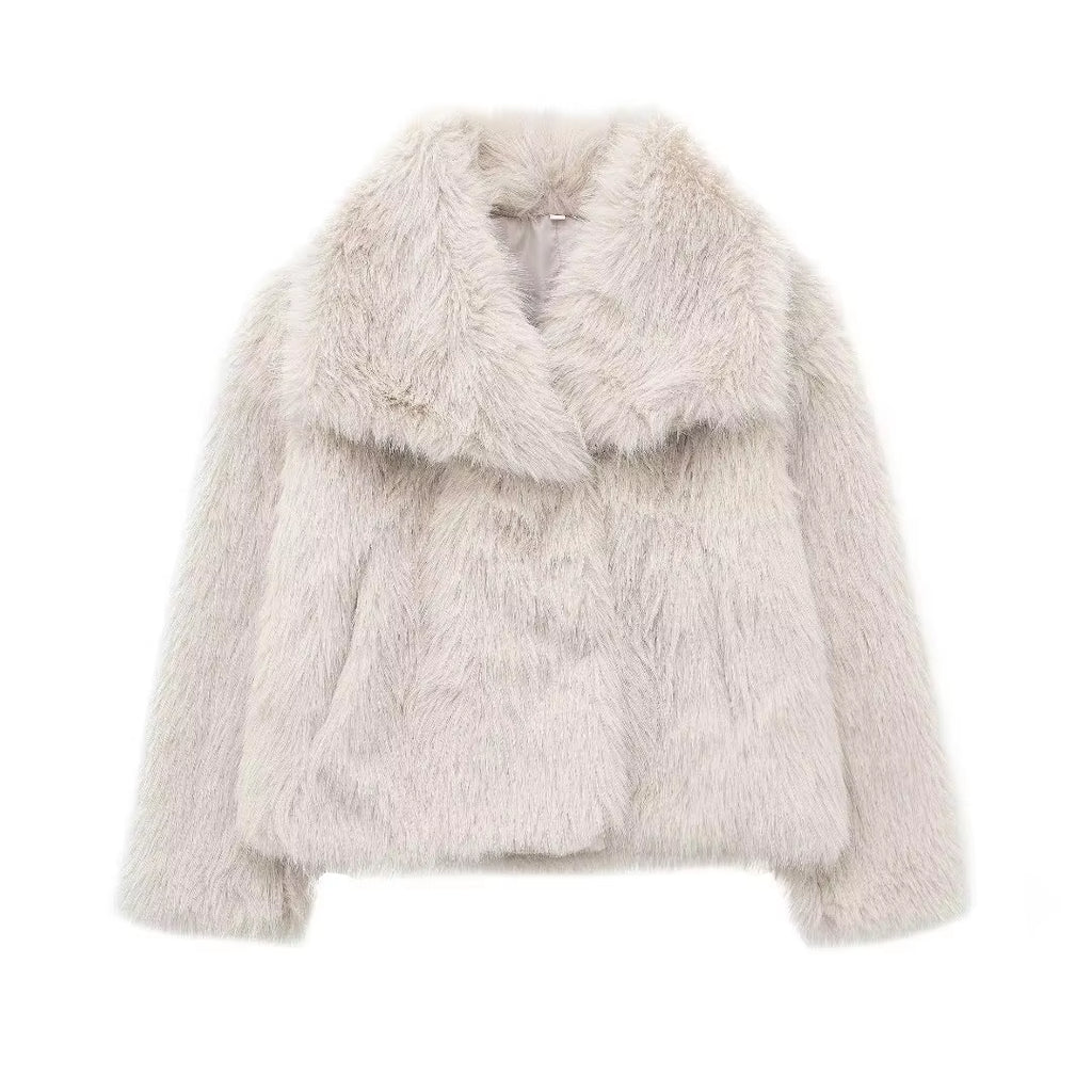HH Women Fashion Cropped Faux Fur Jacket Coat Long Sleeve Front Snap-Button Female Outerwear Chic Lapel Collar Thick Coat