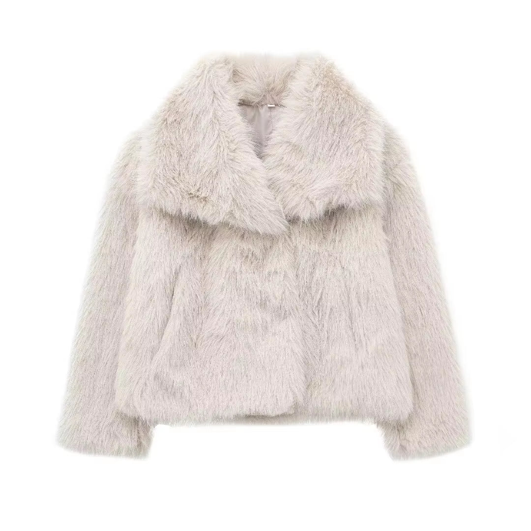 HH Women Fashion Cropped Faux Fur Jacket Coat Long Sleeve Front Snap-Button Female Outerwear Chic Lapel Collar Thick Coat