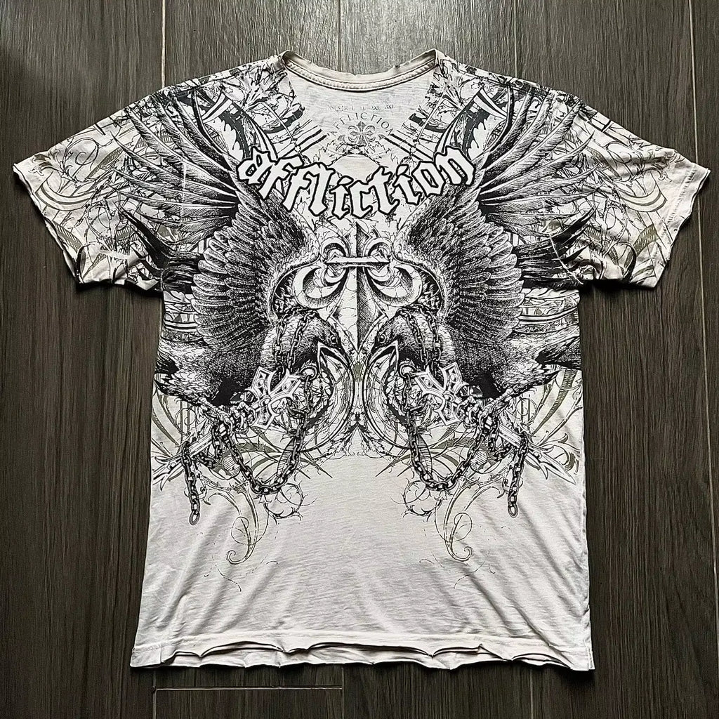 2000S American Skull Wings Double Sided Pattern 3D Printed Polyester Fiber Street Style Top T-Shirt Painful Fashion