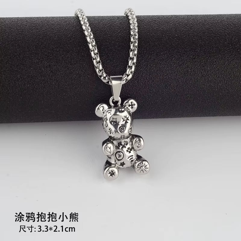 Fashion Hip Hop Bear Pendant Titanium Steel Necklace Punk Men and Women Ins Y2K Couple Sweater Chain Female Jewelry Gift