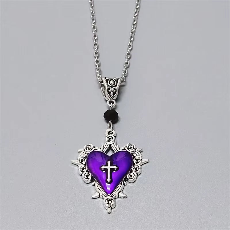 Goth Jewelry Thorn Cross Heart Pendant Red Drip Oil Rose Flower Necklace for Women Punk Charms Accessories Grunge Necklace Y2K
