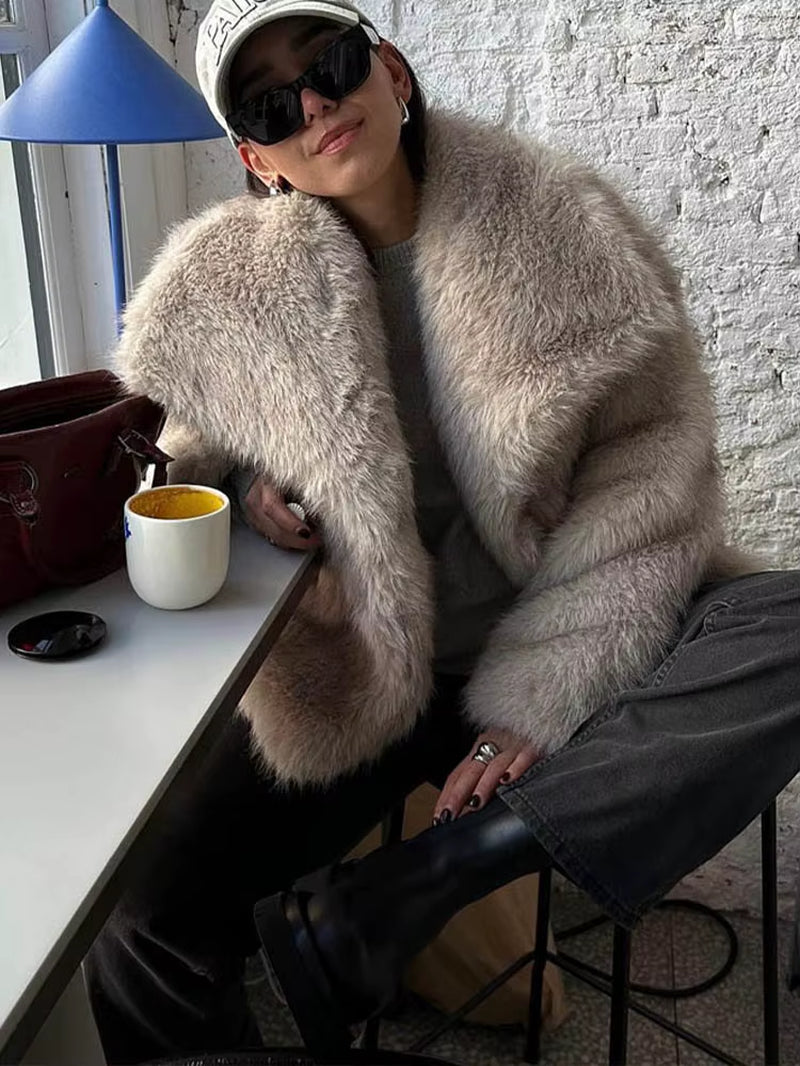HH Women Fashion Cropped Faux Fur Jacket Coat Long Sleeve Front Snap-Button Female Outerwear Chic Lapel Collar Thick Coat