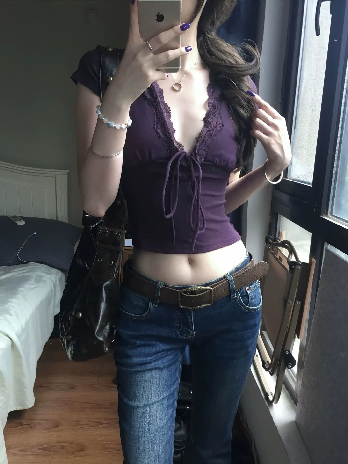 Y2K Japanese Lace T-Shirt Women Short Sleeve Deep V Neck Crop Tops Lace up Vintage Fairycore Tee Tops Streetwear Tshirt