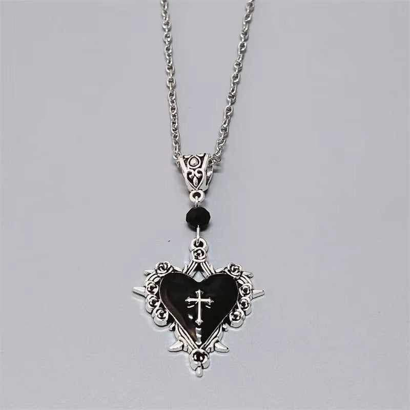 Goth Jewelry Thorn Cross Heart Pendant Red Drip Oil Rose Flower Necklace for Women Punk Charms Accessories Grunge Necklace Y2K