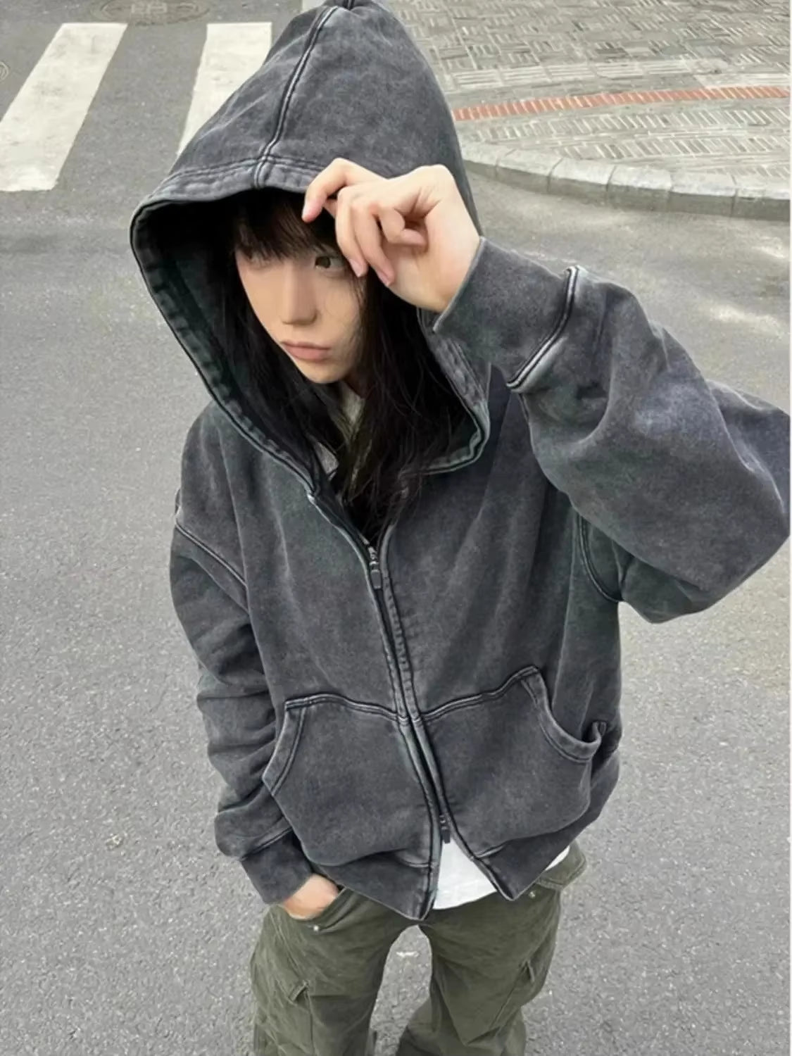 Subculture Gothic Women Coats with Hoodies Vintage Korean Harajuku Black Jackets Faux Fur Coat Female Loose Casual Sweatshirt