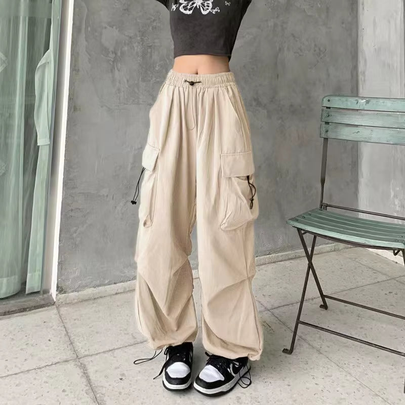 Women Casual Baggy Cargo Pants Solid Low Waist Joggers Tech Pants Drawstring Wide Leg Baggy Trousers Y2K Streetwear Sweatpants