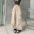 Women Casual Baggy Cargo Pants Solid Low Waist Joggers Tech Pants Drawstring Wide Leg Baggy Trousers Y2K Streetwear Sweatpants