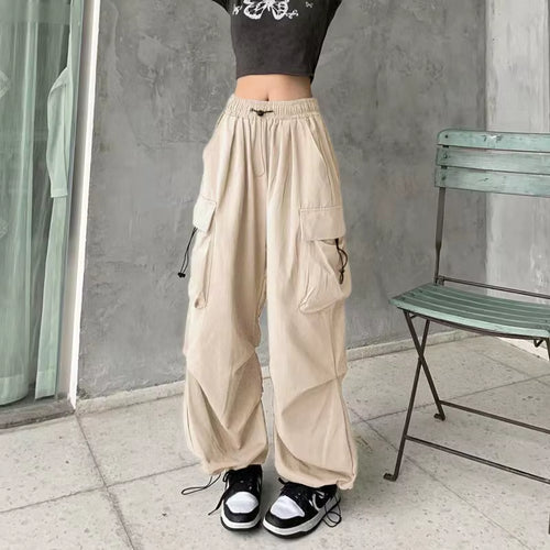 Women Casual Baggy Cargo Pants Solid Low Waist Joggers Tech Pants Drawstring Wide Leg Baggy Trousers Y2K Streetwear Sweatpants