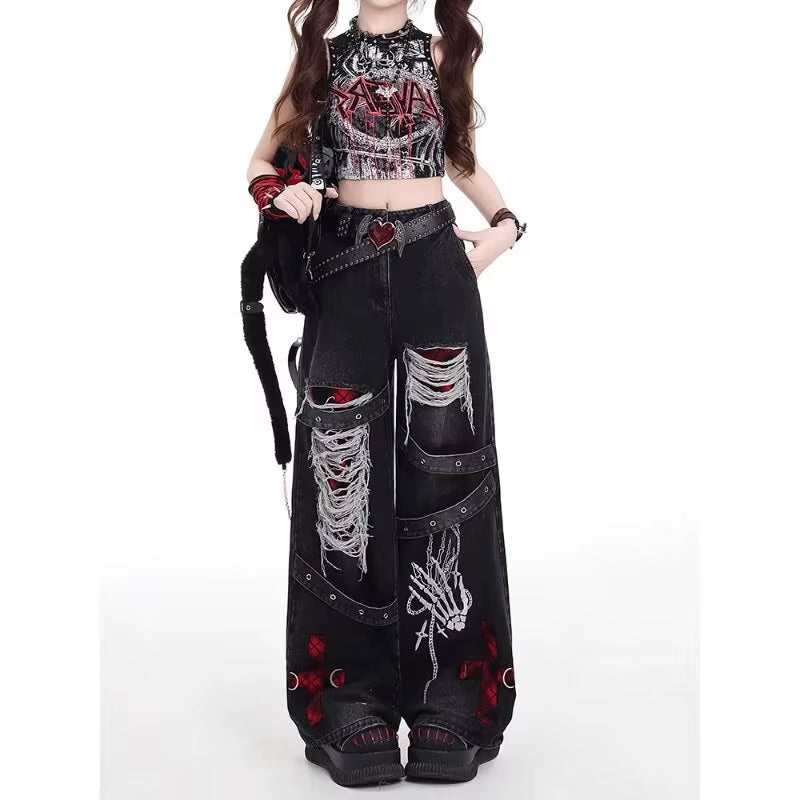 American Style Spicy Girl Loose Lazy and Relaxed Denim Pants Female Punk Retro Washed Fashionable Versatile Casual Pants