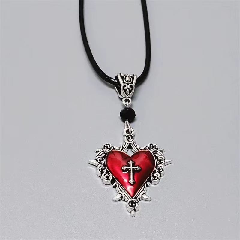 Goth Jewelry Thorn Cross Heart Pendant Red Drip Oil Rose Flower Necklace for Women Punk Charms Accessories Grunge Necklace Y2K