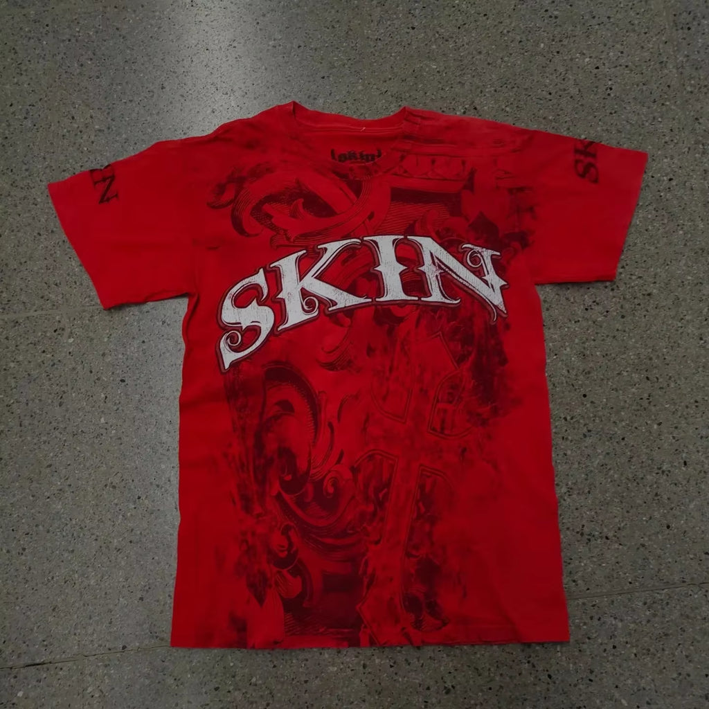 2000S American Skull Wings Double Sided Pattern 3D Printed Polyester Fiber Street Style Top T-Shirt Painful Fashion