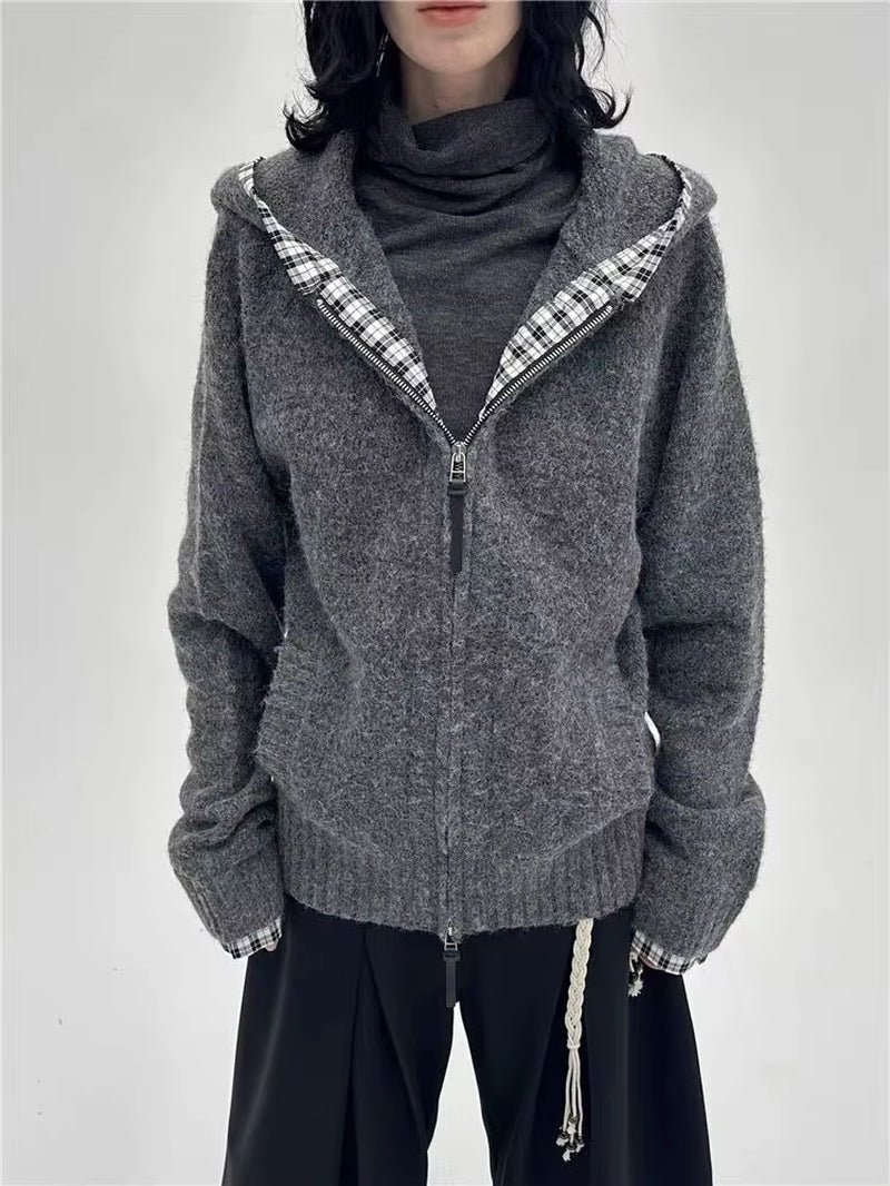 Subculture Gothic Women Coats with Hoodies Vintage Korean Harajuku Black Jackets Faux Fur Coat Female Loose Casual Sweatshirt