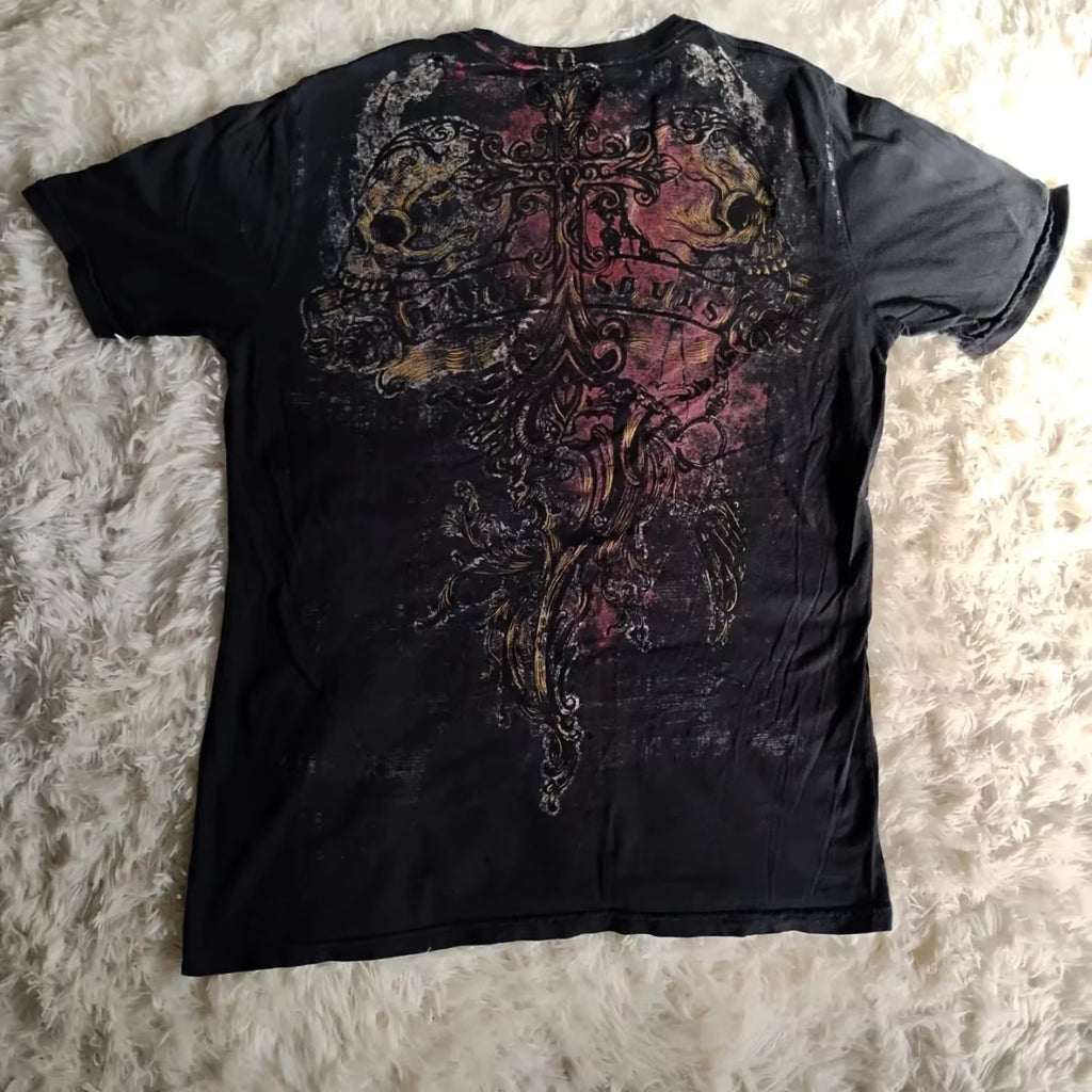 2000S American Skull Wings Double Sided Pattern 3D Printed Polyester Fiber Street Style Top T-Shirt Painful Fashion