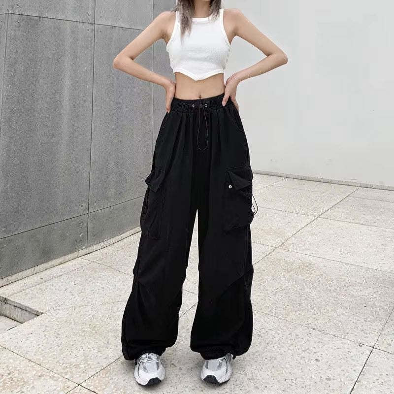 Women Casual Baggy Cargo Pants Solid Low Waist Joggers Tech Pants Drawstring Wide Leg Baggy Trousers Y2K Streetwear Sweatpants