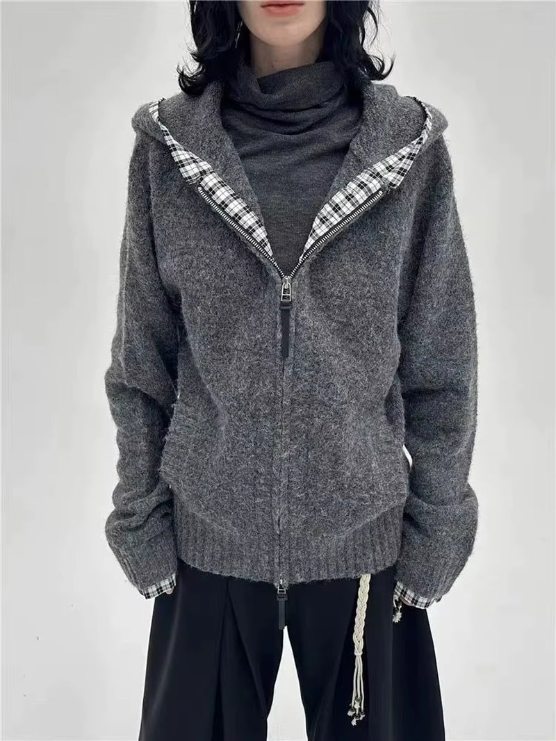 Subculture Gothic Women Coats with Hoodies Vintage Korean Harajuku Black Jackets Faux Fur Coat Female Loose Casual Sweatshirt