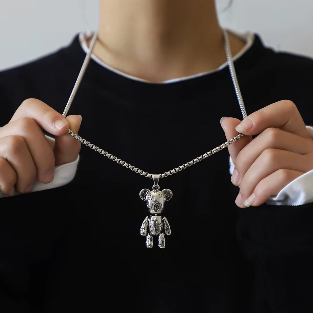 Fashion Hip Hop Bear Pendant Titanium Steel Necklace Punk Men and Women Ins Y2K Couple Sweater Chain Female Jewelry Gift