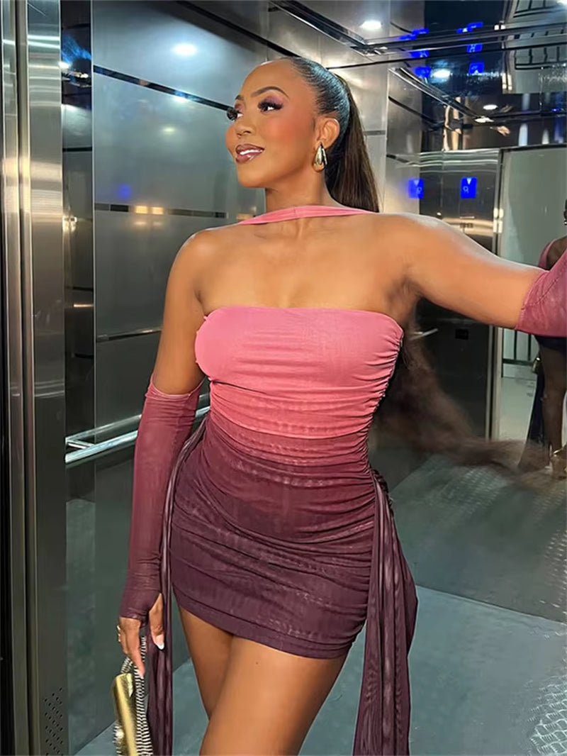 Summer Vacation Sexy See through Dress+Shawl Women Ruched Side Ribbon Coquette Skinny Midnight Clubwear Party Bodycon