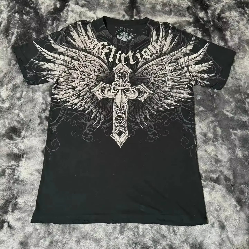 2000S American Skull Wings Double Sided Pattern 3D Printed Polyester Fiber Street Style Top T-Shirt Painful Fashion