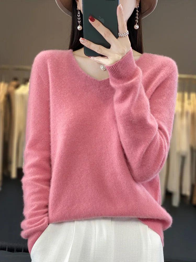 Basics 2024 Autumn Winter Women Sweater 100% Merino Wool V-Neck Knitwear Solid Office Lady Pullover Long Sleeve Cashmere Clothes