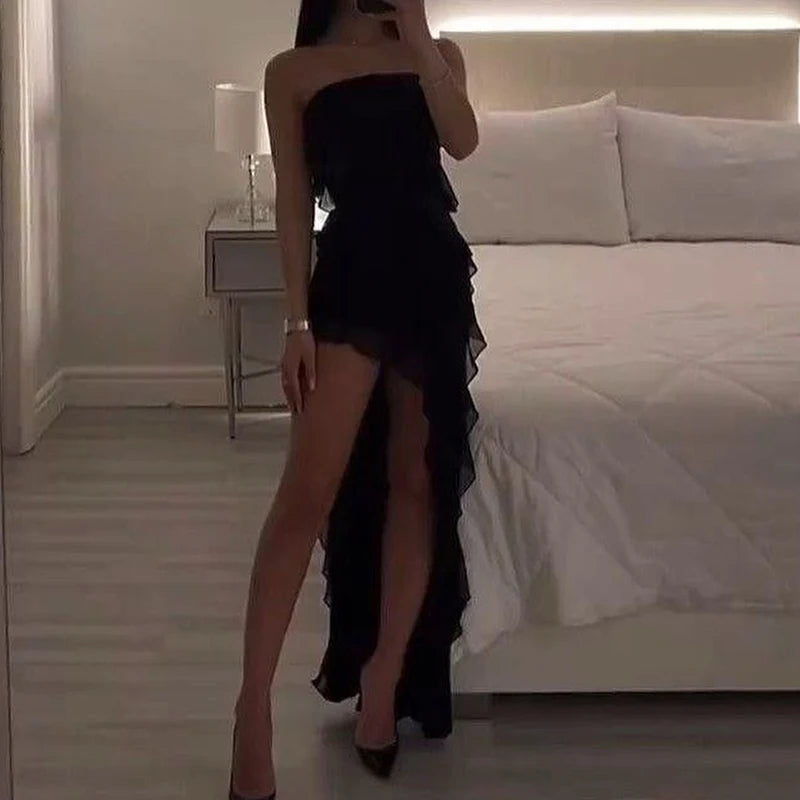 Women Strapless Sexy Floral Fold Hemline High Slit Mini Dress 2024 Solid Backless Sleeveless Black and Pink Party Dress Vestidos