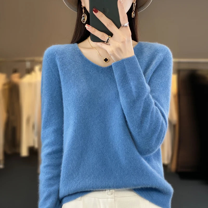 Basics 2024 Autumn Winter Women Sweater 100% Merino Wool V-Neck Knitwear Solid Office Lady Pullover Long Sleeve Cashmere Clothes
