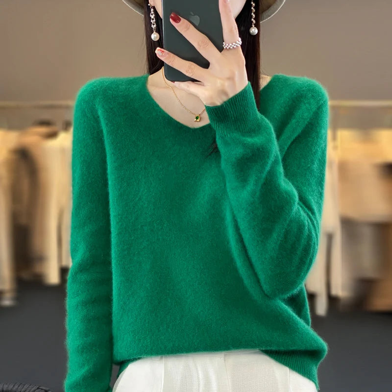 Basics 2024 Autumn Winter Women Sweater 100% Merino Wool V-Neck Knitwear Solid Office Lady Pullover Long Sleeve Cashmere Clothes