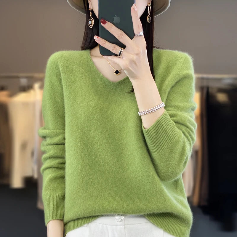 Basics 2024 Autumn Winter Women Sweater 100% Merino Wool V-Neck Knitwear Solid Office Lady Pullover Long Sleeve Cashmere Clothes