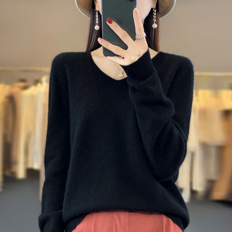 Basics 2024 Autumn Winter Women Sweater 100% Merino Wool V-Neck Knitwear Solid Office Lady Pullover Long Sleeve Cashmere Clothes
