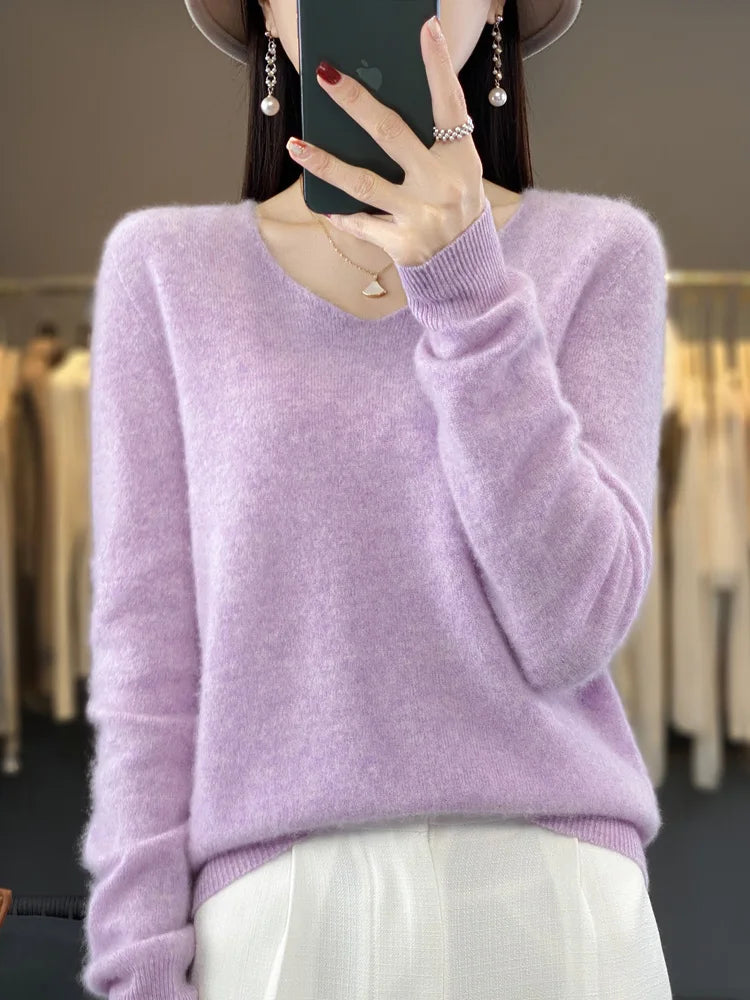 Basics 2024 Autumn Winter Women Sweater 100% Merino Wool V-Neck Knitwear Solid Office Lady Pullover Long Sleeve Cashmere Clothes