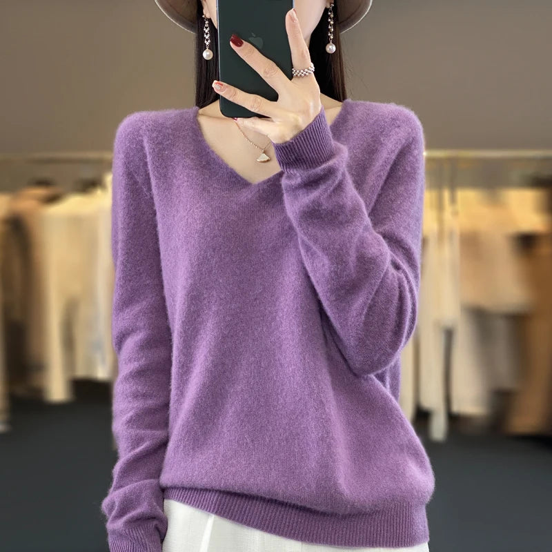 Basics 2024 Autumn Winter Women Sweater 100% Merino Wool V-Neck Knitwear Solid Office Lady Pullover Long Sleeve Cashmere Clothes
