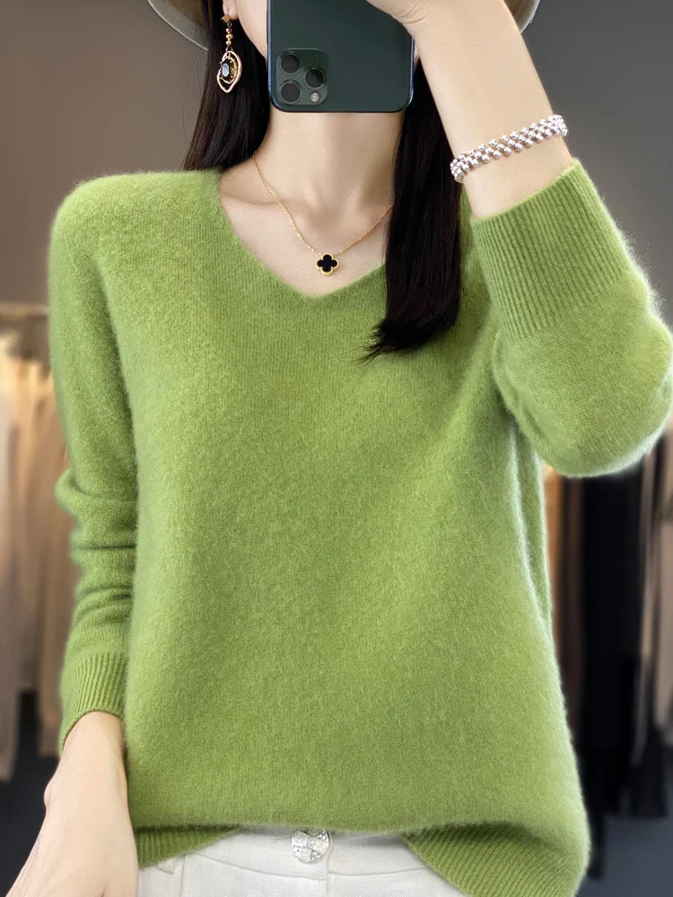 Basics 2024 Autumn Winter Women Sweater 100% Merino Wool V-Neck Knitwear Solid Office Lady Pullover Long Sleeve Cashmere Clothes
