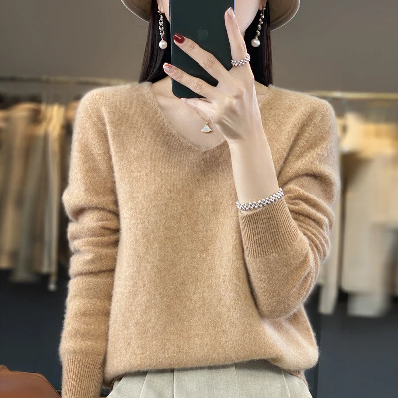 Basics 2024 Autumn Winter Women Sweater 100% Merino Wool V-Neck Knitwear Solid Office Lady Pullover Long Sleeve Cashmere Clothes