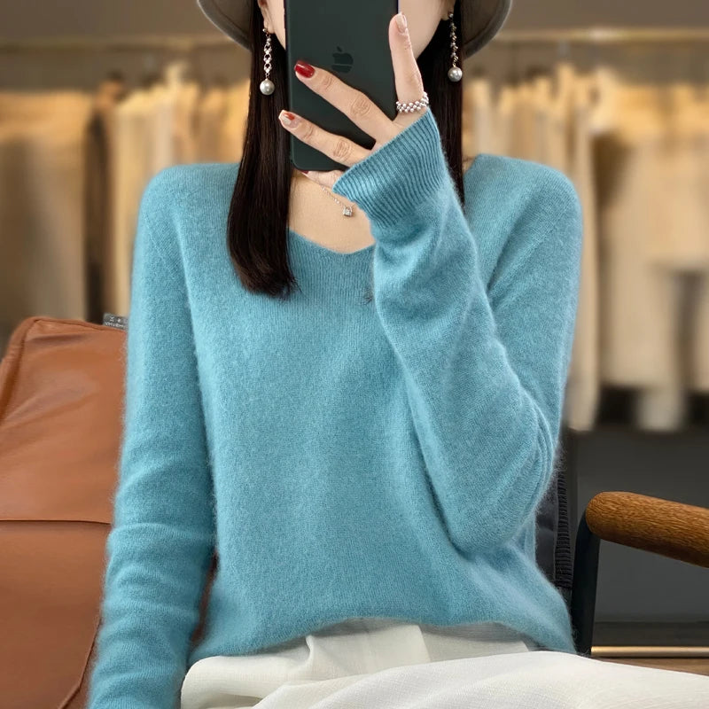 Basics 2024 Autumn Winter Women Sweater 100% Merino Wool V-Neck Knitwear Solid Office Lady Pullover Long Sleeve Cashmere Clothes