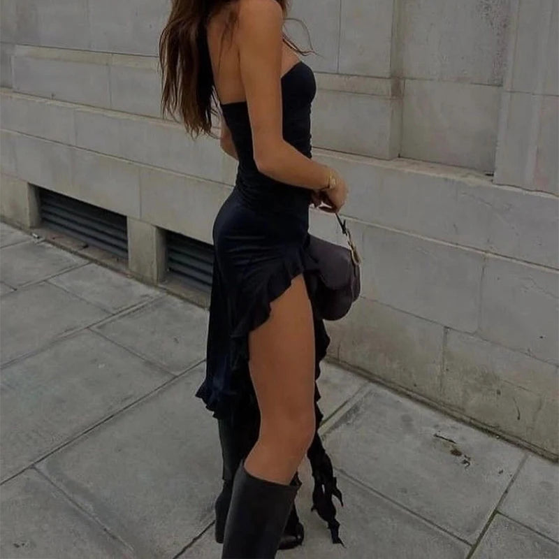 Women Strapless Sexy Floral Fold Hemline High Slit Mini Dress 2024 Solid Backless Sleeveless Black and Pink Party Dress Vestidos