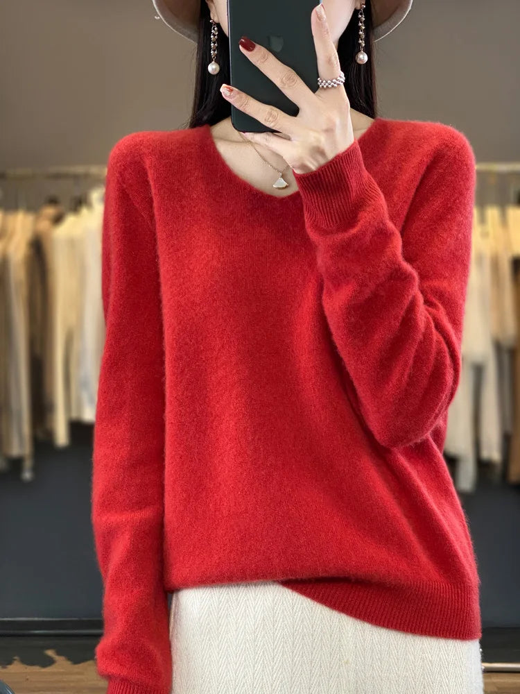 Basics 2024 Autumn Winter Women Sweater 100% Merino Wool V-Neck Knitwear Solid Office Lady Pullover Long Sleeve Cashmere Clothes