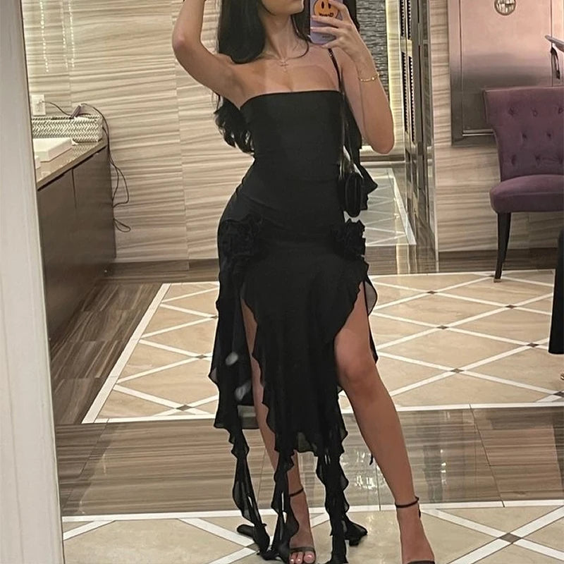 Women Strapless Sexy Floral Fold Hemline High Slit Mini Dress 2024 Solid Backless Sleeveless Black and Pink Party Dress Vestidos