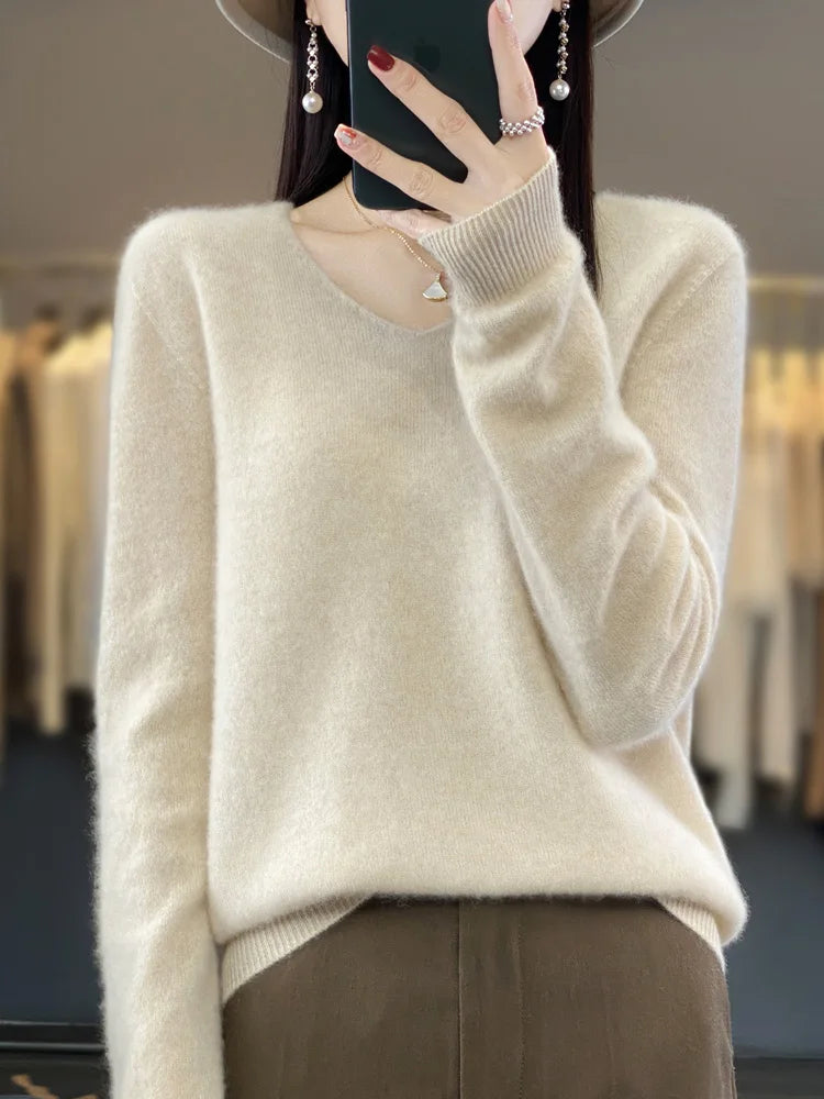 Basics 2024 Autumn Winter Women Sweater 100% Merino Wool V-Neck Knitwear Solid Office Lady Pullover Long Sleeve Cashmere Clothes